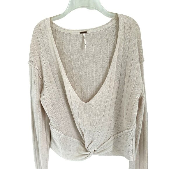 Free People Knitter Linen blend Top V-Neck Twisted Front Off-White Size Small/P - Picture 2 of 10
